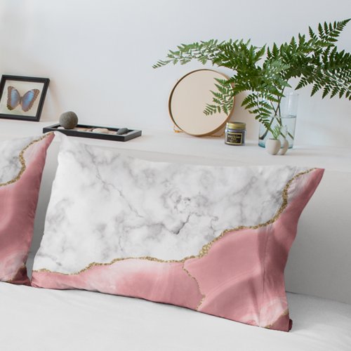 White Marble Gilded Blush Pink Agate Pillow Case