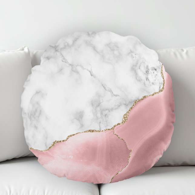White Marble Gilded Blush Pink Agate Round Pillow (Creator Uploaded)