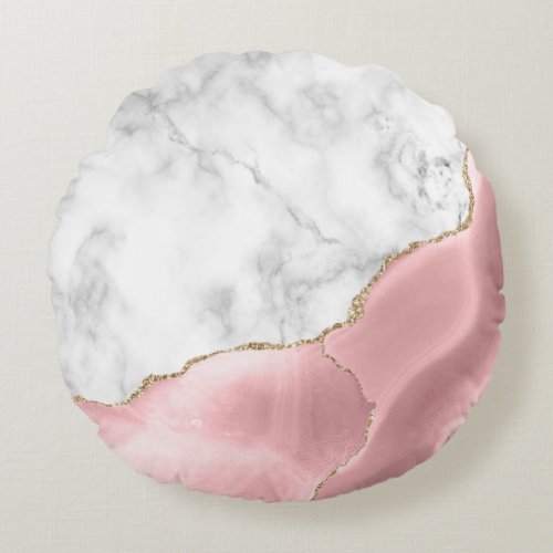 White Marble Gilded Blush Pink Agate Round Pillow