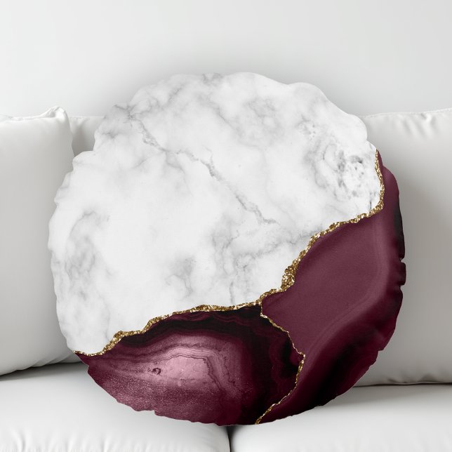 White Marble Gilded Burgundy Agate Round Pillow (Creator Uploaded)