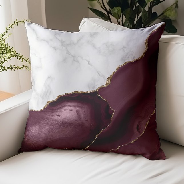 White Marble Gilded Burgundy Agate Throw Pillow (Creator Uploaded)