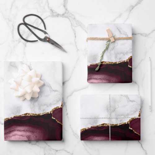 White Marble Gilded Burgundy Red Agate Wrapping Paper Sheets
