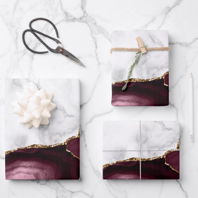 White Marble Gilded Burgundy Red Agate Wrapping Paper Sheets (Front)
