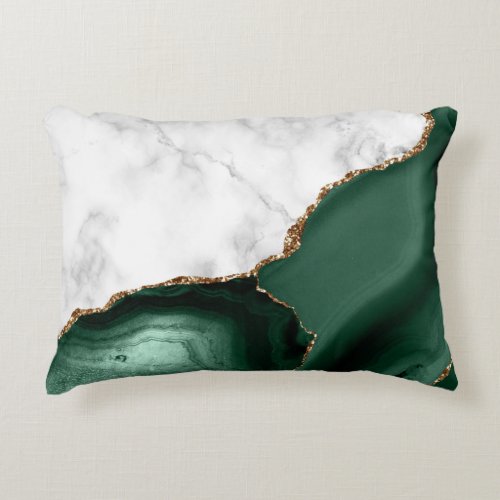 White Marble Gilded Emerald Green Agate Accent Pillow