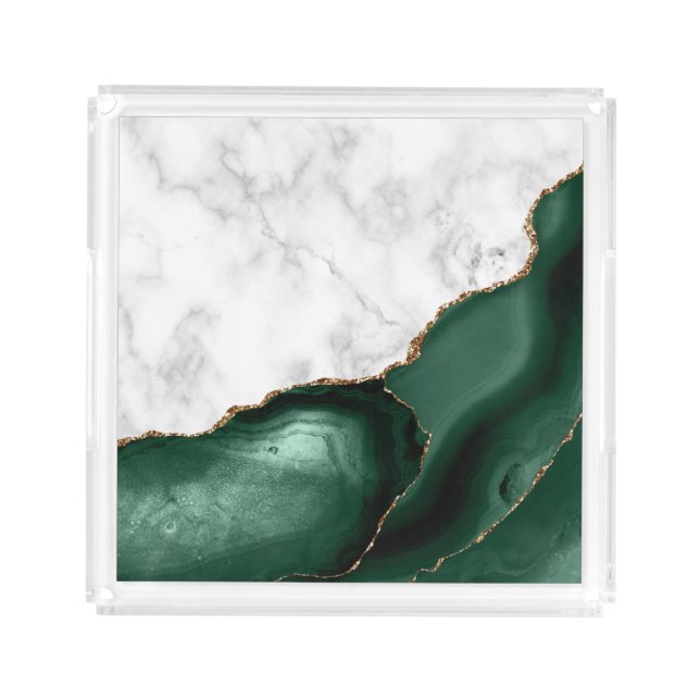 White Marble Gilded Emerald Green Agate Acrylic Tray (Front)