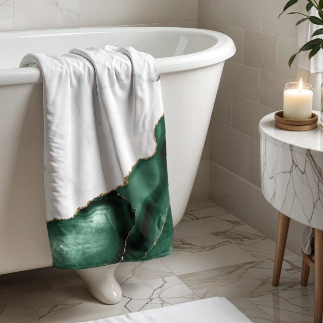 White Marble Gilded Emerald Green Agate Bath Towel (Creator Uploaded)