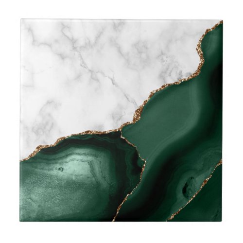 White Marble Gilded Emerald Green Agate Ceramic Tile