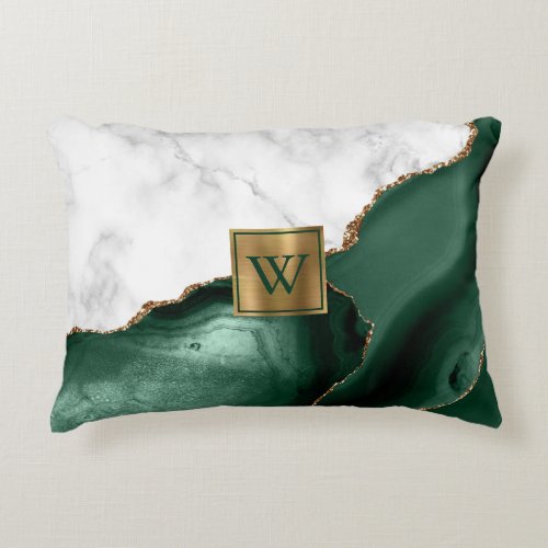 White Marble Gilded Emerald Green Agate Monogram Accent Pillow