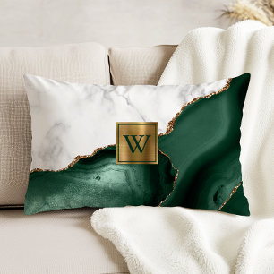 White Marble Gilded Emerald Green Agate Monogram Accent Pillow