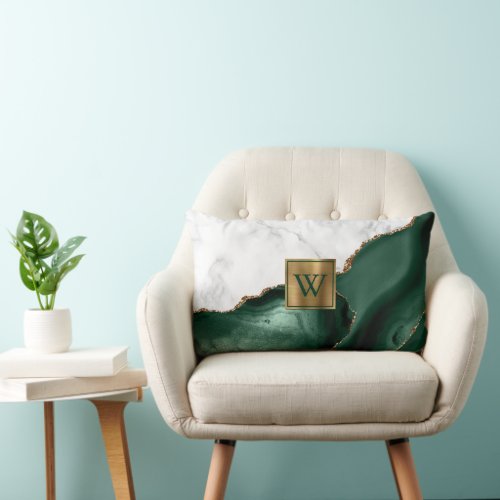 White Marble Gilded Emerald Green Agate Monogram Lumbar Pillow