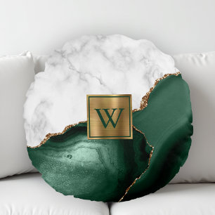 White Marble Gilded Emerald Green Agate Monogram Round Pillow