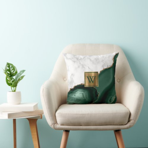 White Marble Gilded Emerald Green Agate Monogram Throw Pillow