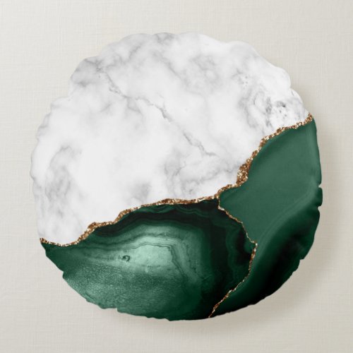 White Marble Gilded Emerald Green Agate Round Pillow