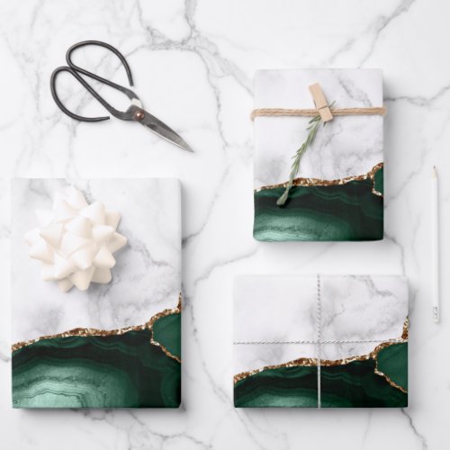 White Marble Gilded Emerald Green Agate Wrapping Paper Sheets