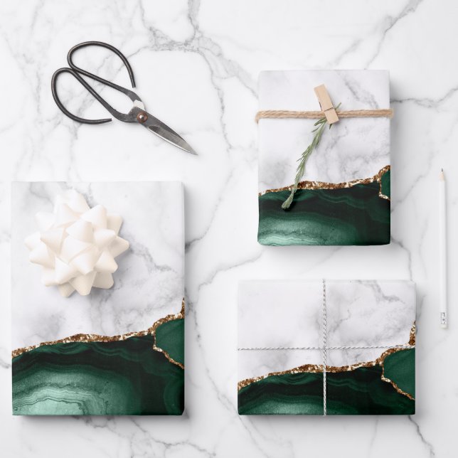 White Marble Gilded Emerald Green Agate Wrapping Paper Sheets (Front)