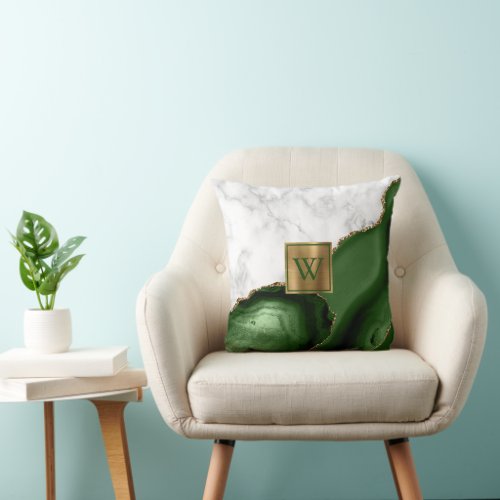 White Marble Gilded Hunter Green Agate Monogram Throw Pillow