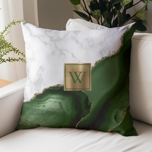 White Marble Gilded Hunter Green Agate Monogram Throw Pillow