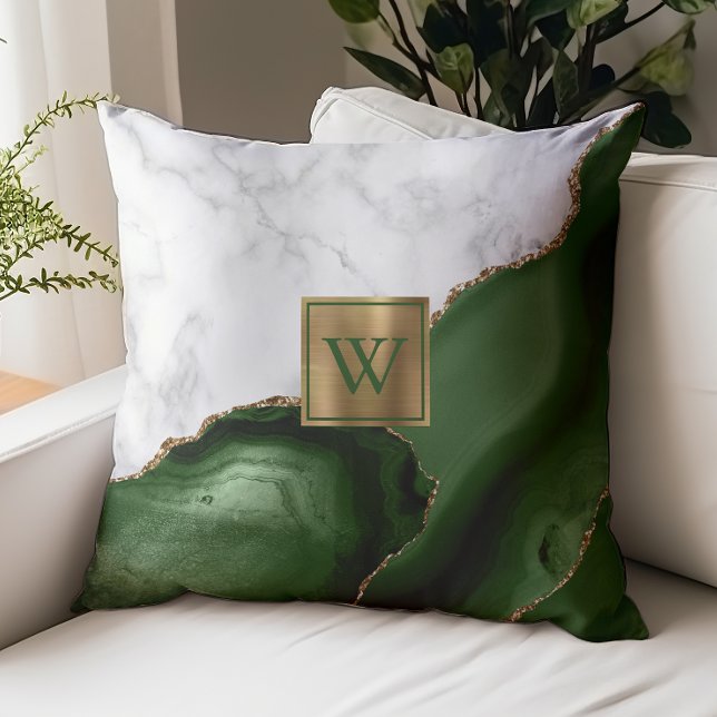 White Marble Gilded Hunter Green Agate Monogram Throw Pillow (Creator Uploaded)