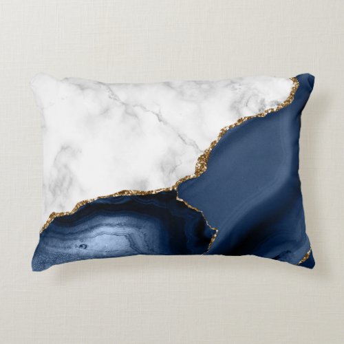 White Marble Gilded Navy Blue Agate Accent Pillow