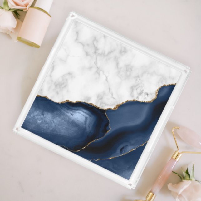 White Marble Gilded Navy Blue Agate Acrylic Tray (Creator Uploaded)