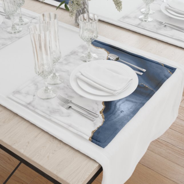 White Marble Gilded Navy Blue Agate Cloth Placemat (Creator Uploaded)