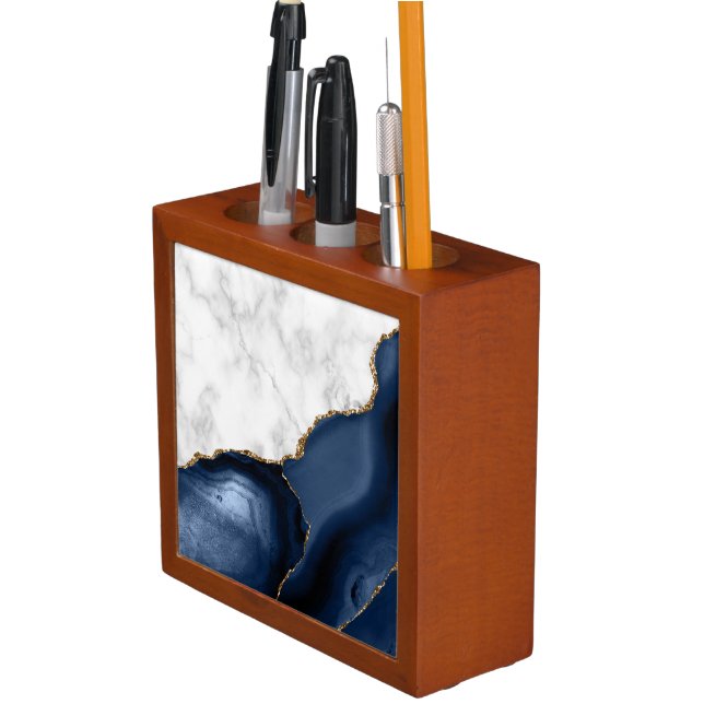 White Marble Gilded Navy Blue Agate Desk Organizer (In Situ)