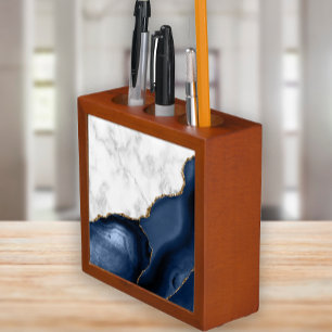 White Marble Gilded Navy Blue Agate Desk Organizer