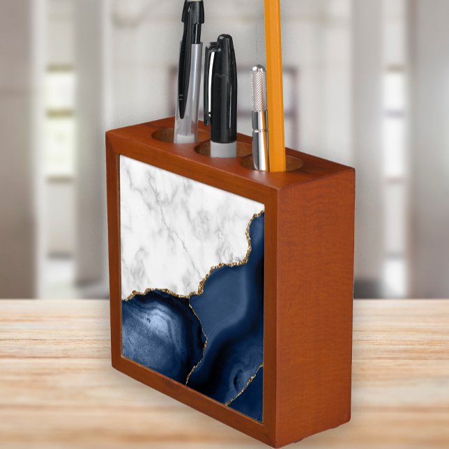 White Marble Gilded Navy Blue Agate Desk Organizer (Creator Uploaded)