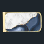 White Marble Gilded Navy Blue Agate Gold Finish Money Clip<br><div class="desc">Elegant white marble and navy blue agate gilded with faux gold glitter combine in this luxurious design.</div>