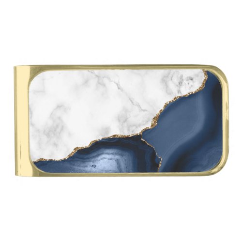 White Marble Gilded Navy Blue Agate Gold Finish Money Clip