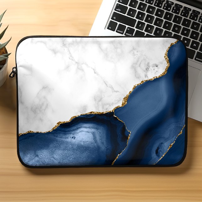 White Marble Gilded Navy Blue Agate Laptop Sleeve (Creator Uploaded)
