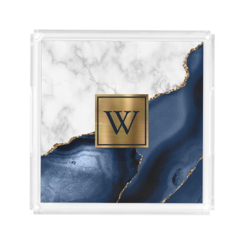 White Marble Gilded Navy Blue Agate Monogram Acrylic Tray