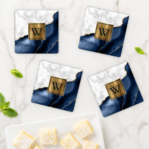 White Marble Gilded Navy Blue Agate Monogram Coaster Set