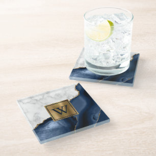White Marble Gilded Navy Blue Agate Monogram Glass Coaster