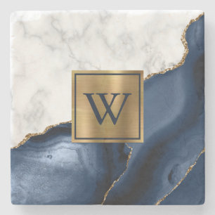 White Marble Gilded Navy Blue Agate Monogram Stone Coaster