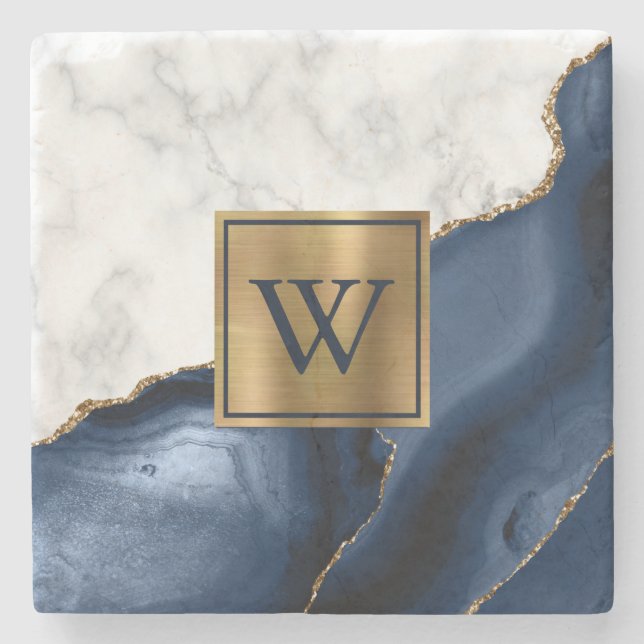 White Marble Gilded Navy Blue Agate Monogram Stone Coaster (Front)