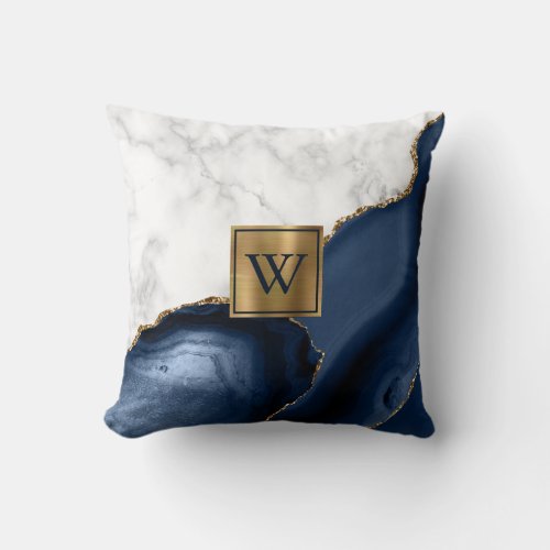 White Marble Gilded Navy Blue Agate Monogram Throw Pillow