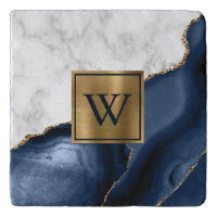 White Marble Gilded Navy Blue Agate Monogram