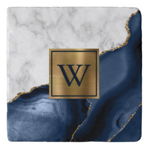 White Marble Gilded Navy Blue Agate Monogram Trivet