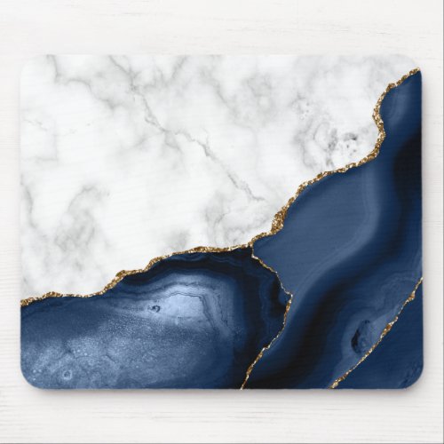 White Marble Gilded Navy Blue Agate Mouse Pad