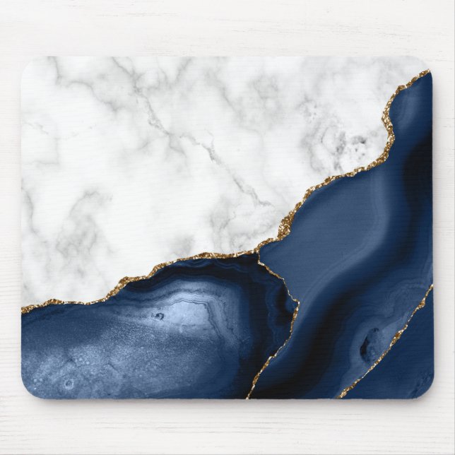 White Marble Gilded Navy Blue Agate Mouse Pad (Front)