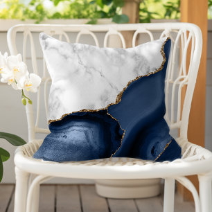 White Marble Gilded Navy Blue Agate Outdoor Pillow