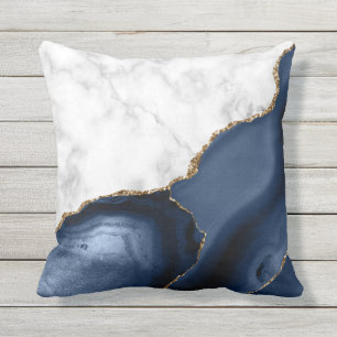 White Marble Gilded Navy Blue Agate Outdoor Pillow