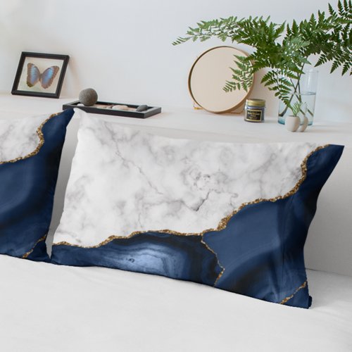 White Marble Gilded Navy Blue Agate Pillow Case