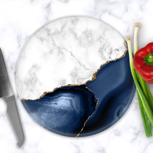 White Marble Gilded Navy Blue Agate Round Cutting Board
