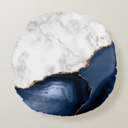 White Marble Gilded Navy Blue Agate Round Pillow