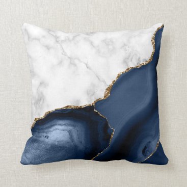 White Marble Gilded Navy Blue Agate Throw Pillow
