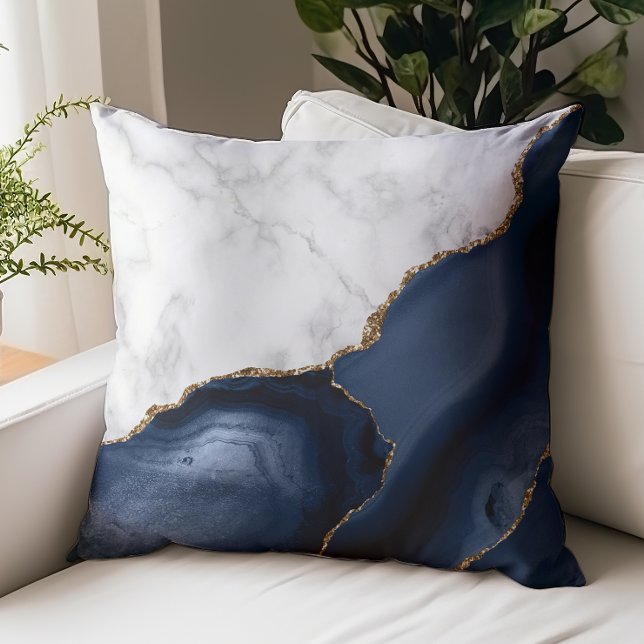 White Marble Gilded Navy Blue Agate Throw Pillow (Creator Uploaded)