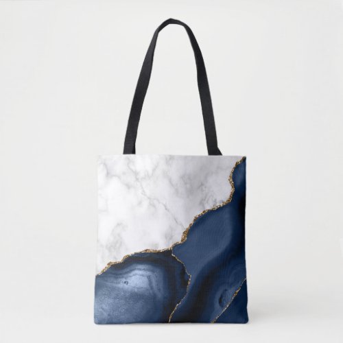 White Marble Gilded Navy Blue Agate Tote Bag