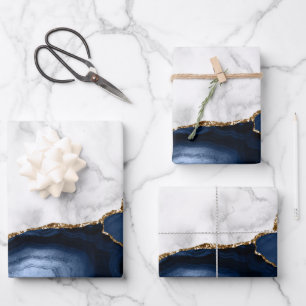 White Marble Gilded Navy Blue Agate Wrapping Paper Sheets